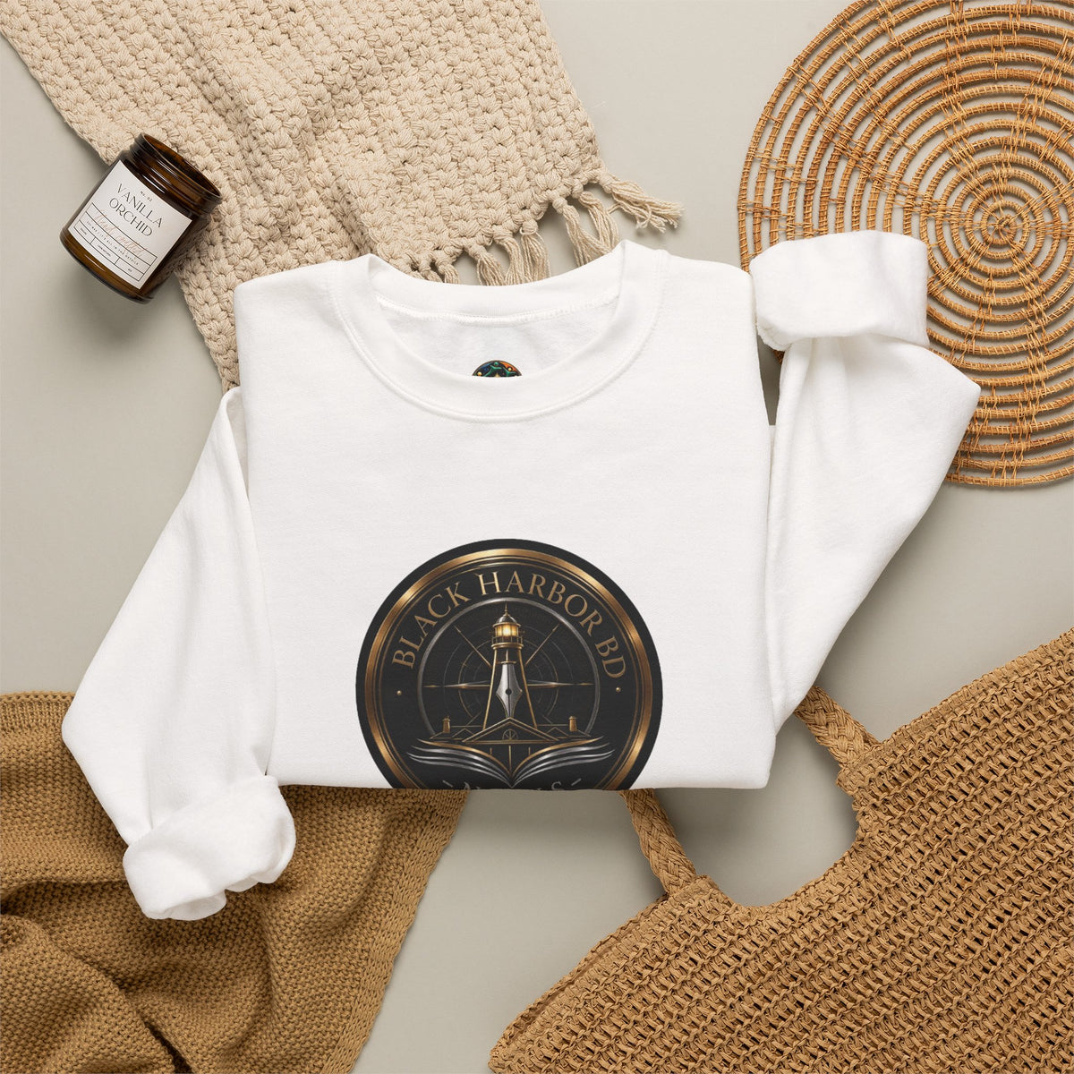 Black Harbor Crewneck Sweatshirt – Vintage Lighthouse Seal Graphic