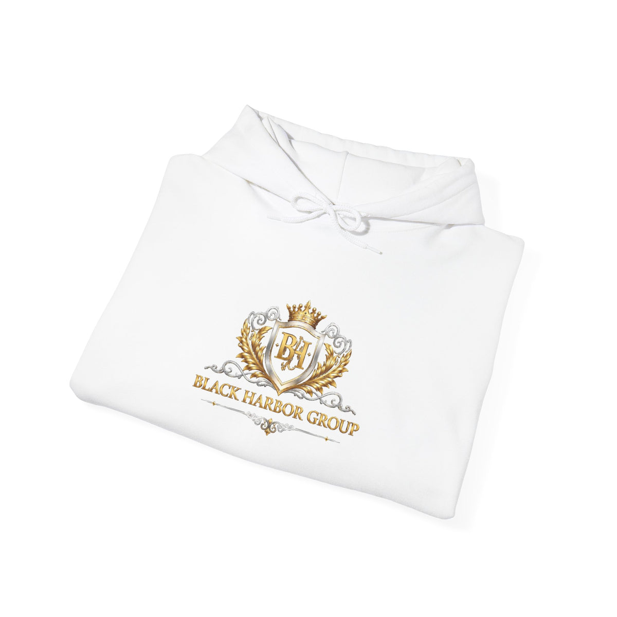 Embroidered Crest Hoodie — "Black Harbor Group" Gold Crown Logo