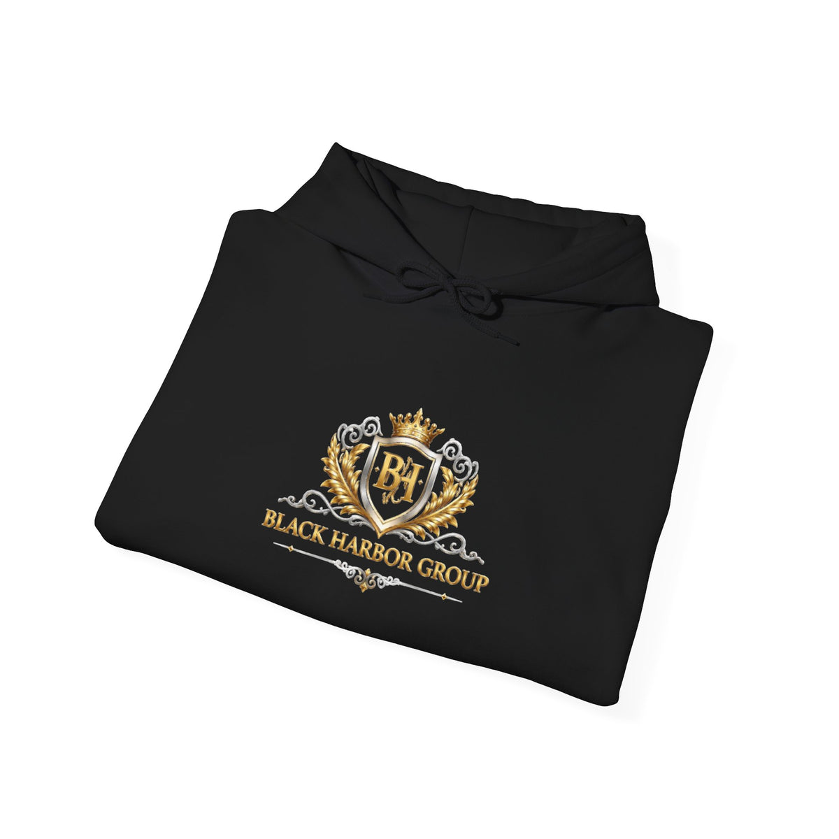 Embroidered Crest Hoodie — "Black Harbor Group" Gold Crown Logo