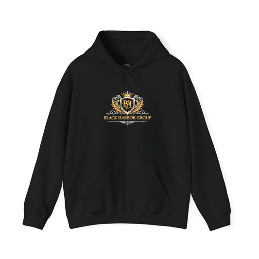 Embroidered Crest Hoodie — "Black Harbor Group" Gold Crown Logo