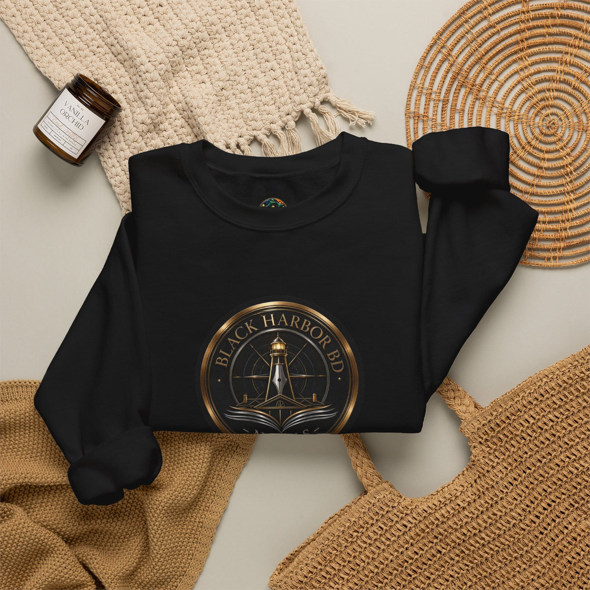 Black Harbor Crewneck Sweatshirt – Vintage Lighthouse Seal Graphic
