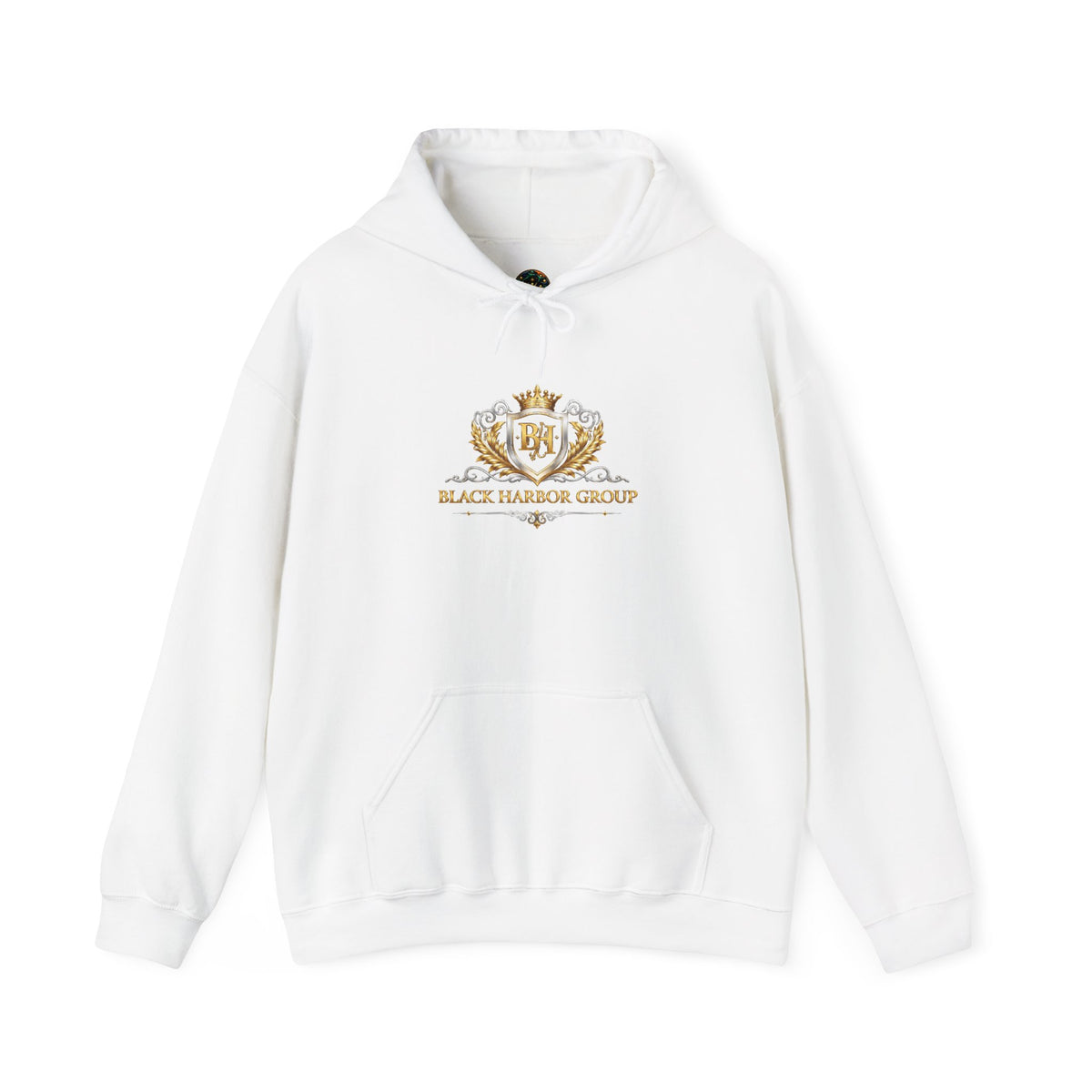 Embroidered Crest Hoodie — "Black Harbor Group" Gold Crown Logo